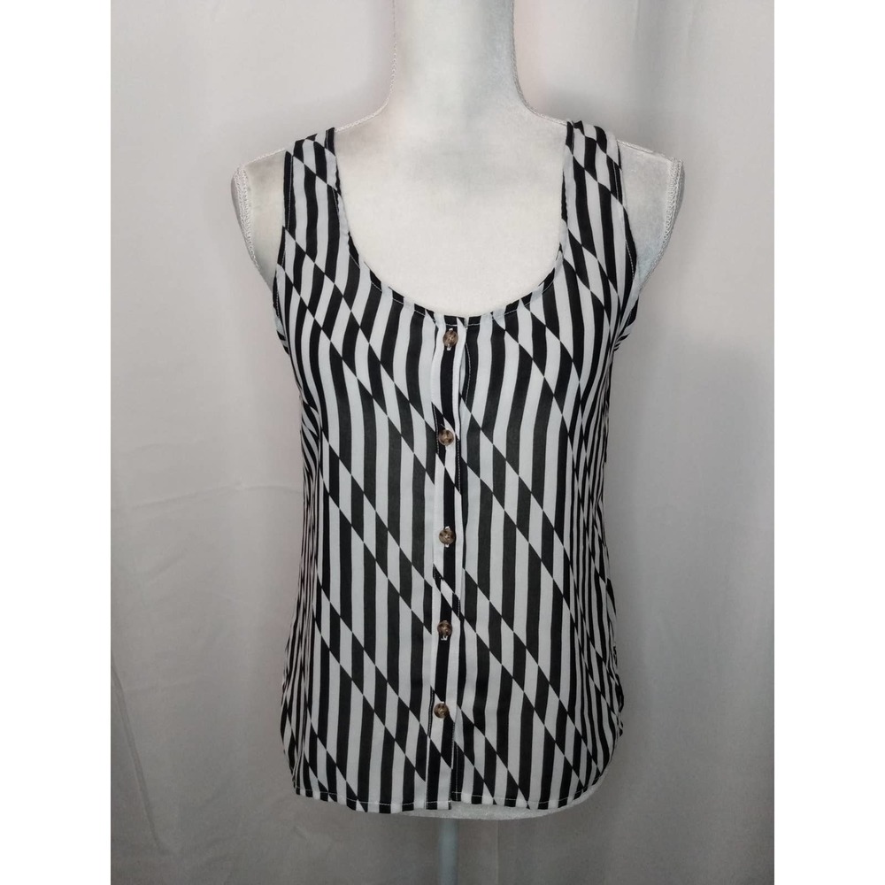 Volcom sleeveless sheer button up black & white striped top